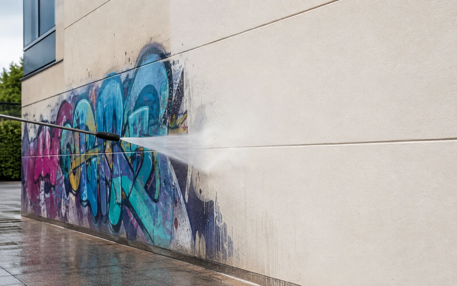 Graffitientfernung: die halbe Fassadenfläche ist bereits wieder sauber